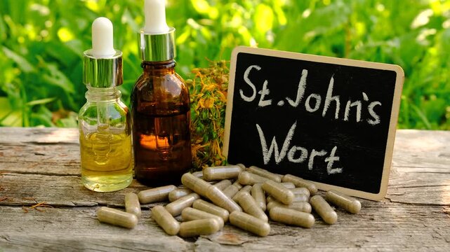 St. John's wort supplements. Selective focus.