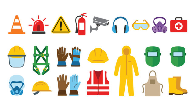 Safety gear icons set for industrial work construction site.