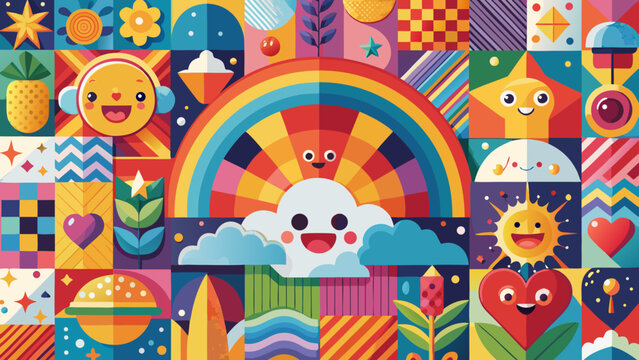 Colorful patchwork, vibrant emojis, rainbow patterns, cute illustrations, vector icons