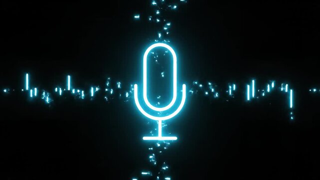 Neon microphone icon on black background