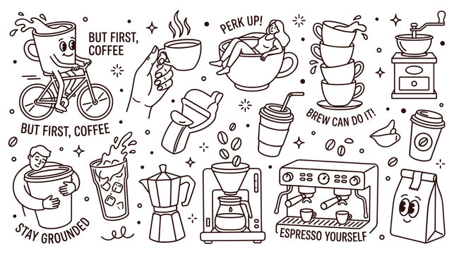 Creative coffee theme sketches and motivational quotes.