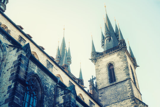 А view of the elegant towers of the famous Church of our lady before Tyn in Prague, Czech Republic