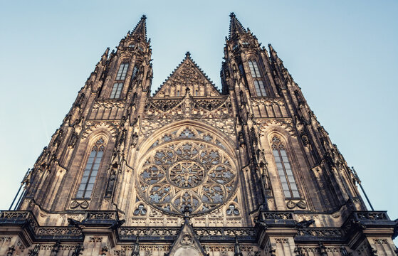A detailed view of the impressive building of Saint Vitus Cathedral in Prague Castle, Prague, Czech republic
