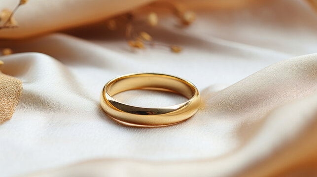 Classic Plain Gold Wedding Band Jewelry Close Up Macro Photography on Light Background
