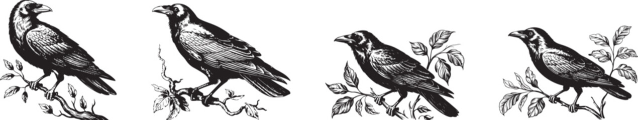 Fototapeta premium Four black crows perched on leafy branches in a woodcut style
