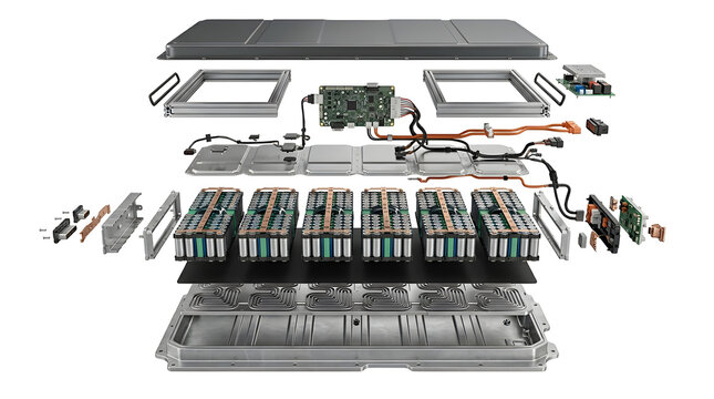 Exploded View of Electric Vehicle Battery Pack Components Showing Battery Modules Electronics Cooling and Structure