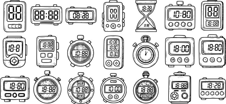 Black and White Line Art Collection of Various Digital Clocks and Stopwatch Icons