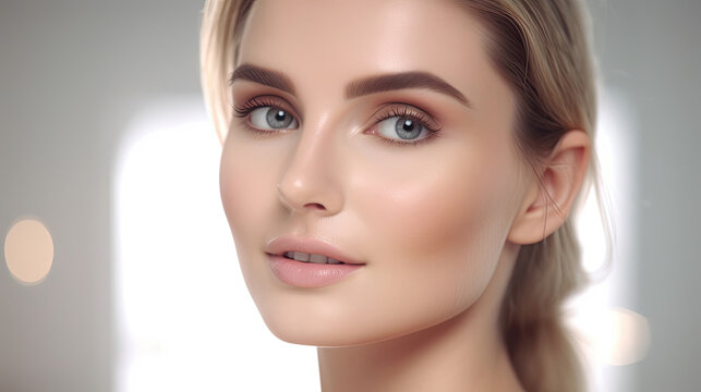 Natural Beauty Headshot of an Attractive Woman with Perfect Skin on Bright Studio Background