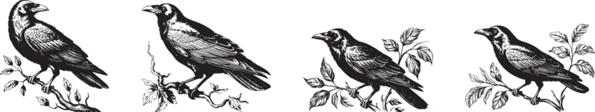 Four black crows perched on leafy branches in a woodcut style