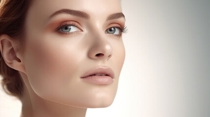 Obraz premium Natural Beauty Headshot of an Attractive Woman with Perfect Skin on Bright Studio Background