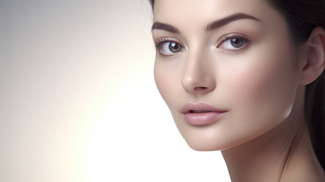 Natural Beauty Headshot of an Attractive Woman with Perfect Skin on Bright Studio Background