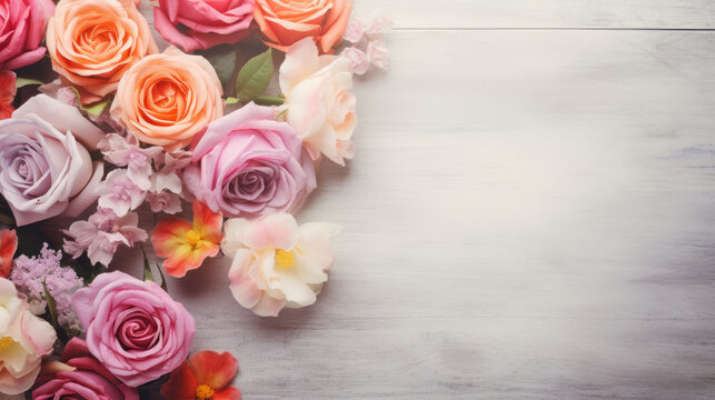 Soft pink rose bouquet on bright pastel background for elegant floral flat lay design on light wooden background