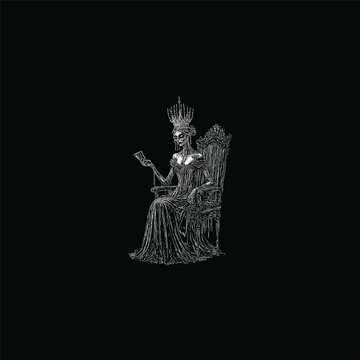 engraving style illustration of a spooky skeleton queen with a crown sitting on a throne holding cards, dark fantasy gothic art isolated on black background.
