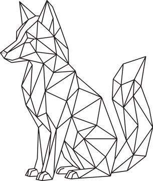 Minimalist black and white line art illustration of a geometric fox sitting calmly with sharp edges and creative modern style