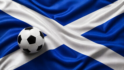 Fototapeta premium A classic black and white soccer ball placed on top of the draped fabric of the Scottish flag, representing football culture and national pride.