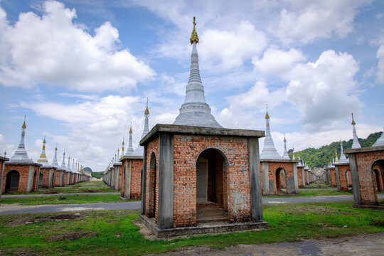 Serene buddhist temple structures myanmar photography scenic landscape wide-angle view cultural heritage