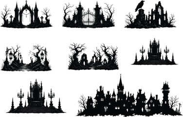 Obraz premium Spooky Gothic Silhouettes Collection Featuring Haunted Castles, Cemetery Gates, Dark Forest Ruins, Raven, and Gothic Thrones - Perfect for Halloween Designs and Horror Art Vector Illustrations.