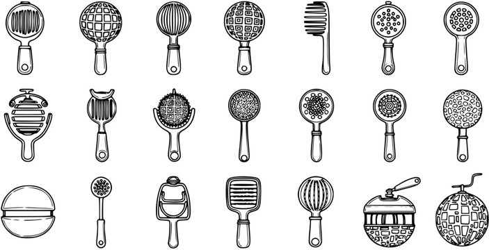Kitchen Graters and Zesters Black and White Line Art Vector Icons Set. Diverse Hand-held Food Preparation Utensils and Cooking Tools Collection.