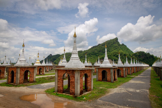 Stupas in scenic landscape myanmar architectural wonders serene environment wide-angle view cultural heritage