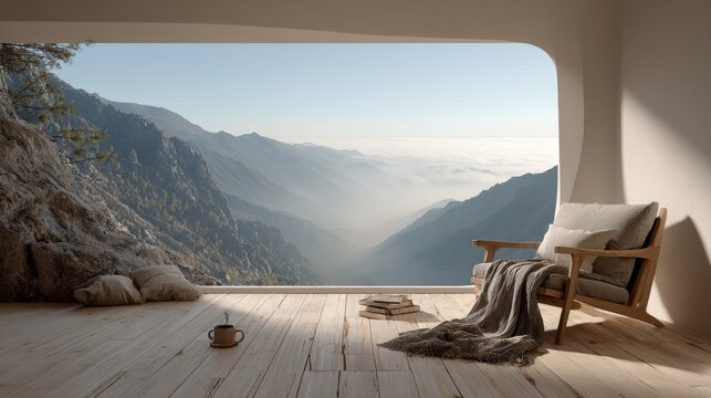 Minimal Scandinavian-Turkish interior with armchair, blanket, tea, large window overlooking snowy valley and misty mountains, calm serene morning light and cozy atmosphere