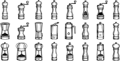 Food and Kitchen Spice Grinders and Pepper Mills Hand Drawn Black and White Line Art Vector Set © victoria