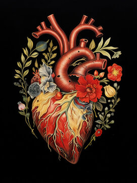 Surreal anatomical human heart illustration blooming with flowers and leaves on dark background