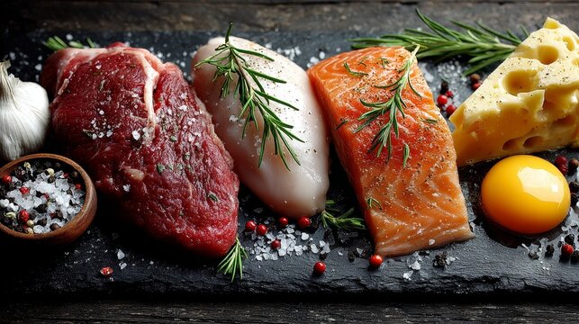 Chalk drawing of chicken meat, beef on the bone, fish fillet and eggs on blackboard, colorful food illustration with detailed textures, rustic culinary concept, artistic menu style composition