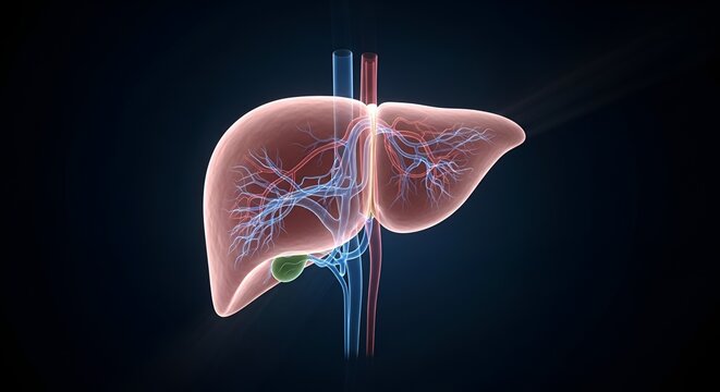 Detailed digital illustration of human liver with detailed vascular system and bile duct, highlighting anatomy and internal