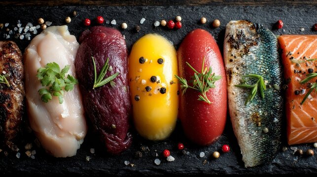 Chalk drawing of chicken meat, beef on the bone, fish fillet and eggs on blackboard, colorful food illustration with detailed textures, rustic culinary concept, artistic menu style composition