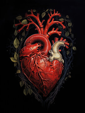 Surreal anatomical human heart illustration blooming with flowers and leaves on dark background