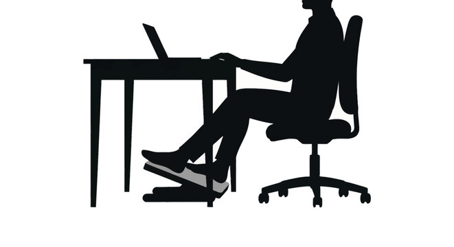 Black silhouette of a person sitting at an office desk using a laptop and an ergonomic footrest for posture support. Detailed side view profile of a workstation setup on white background.