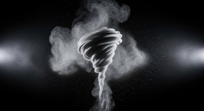 A Dynamic Gray Smoke Vortex Swirling and Exploding with Intense Power Against a Dark Background
