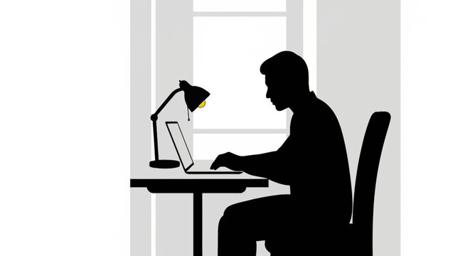 Silhouette of a man sitting at a desk and working on a laptop computer with a desk lamp in a minimalist office, side profile view, flat vector illustration on a light background.