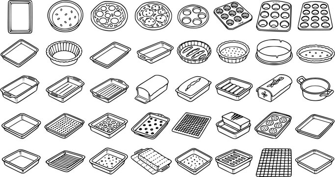 Black and White Line Art Illustration of Various Baking Pans and Bakeware Collection