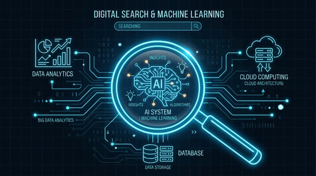 Artificial intelligence magnifying glass displays neural network connections and deep data analytics for modern digital research.