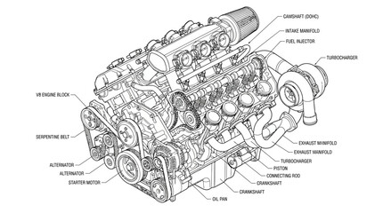 Obraz premium Engine component layout displays the intricate mechanical structure of an internal combustion motor with technical annotations.