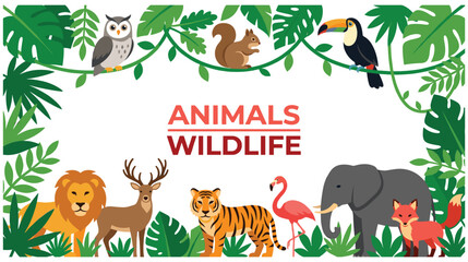 Obraz premium Wildlife animals and birds set with forest background.