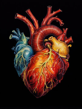 Surreal anatomical human heart illustration blooming with flowers and leaves on dark background