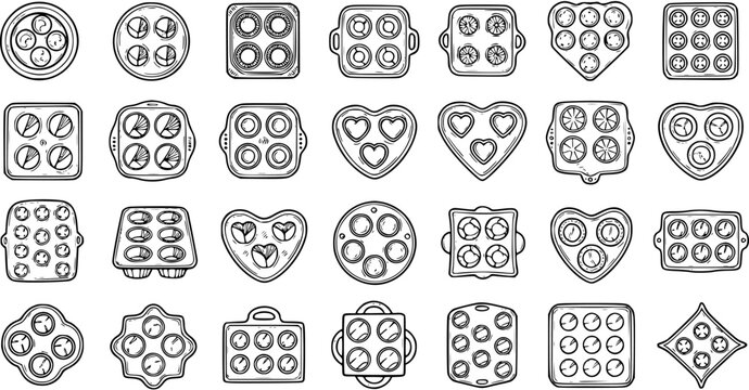 Black and White Line Art Outline Set of Baking Pans, Muffin Tins, and Cake Molds for Food and Kitchen Bakeware Designs