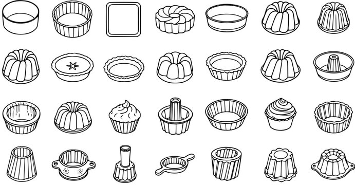 Baking Molds and Pans Line Art Vector Icons Set for Food Industry. Black and White Kitchen Bakeware Collection of Cake, Muffin, Tart, and Bundt Tins