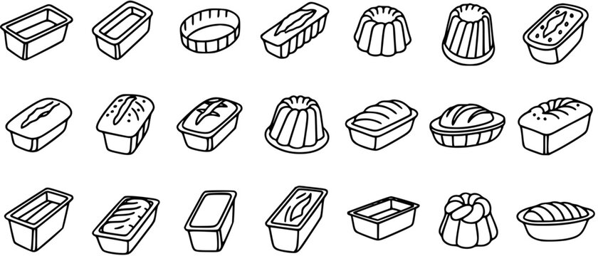 Food and Baking Industry Line Art Icons: Collection of Kitchen Bakeware, Loaf Pans, Bundt Cakes, and Bread Molds Outline Doodles.