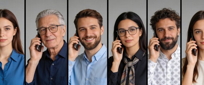 Diverse Group of People Communicating on Mobile Phones in a Split Screen Portrait Collage