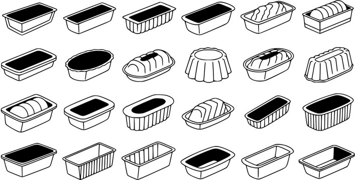 Food Industry Bakeware Line Art Icons. Black and White Glyph Set of Baking Molds, Loaf Pans, and Dessert Trays.