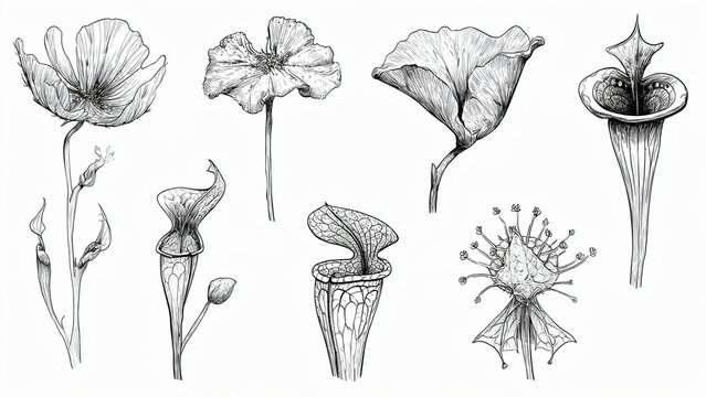 Set of 6 Carnivorous Plants - Venus Flytrap and Pitcher Plant Botanical Line Art Illustration