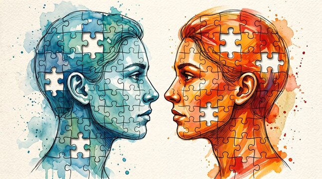 Two Stylized Human Profiles Made of Puzzle Pieces Facing Each Other