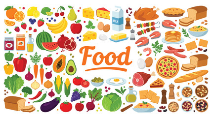 Obraz premium Comprehensive flat food icon set for culinary projects.