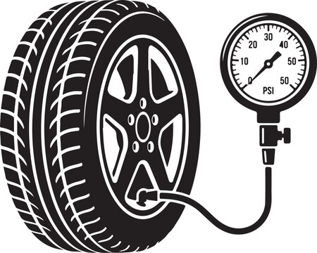 Tire pressure gauge icon set. Car wheel manometer vector illustration. Auto maintenance service symbol. Tire inflation pressure check. Black silhouette of car rim and tire. Automotive tool icon. Press