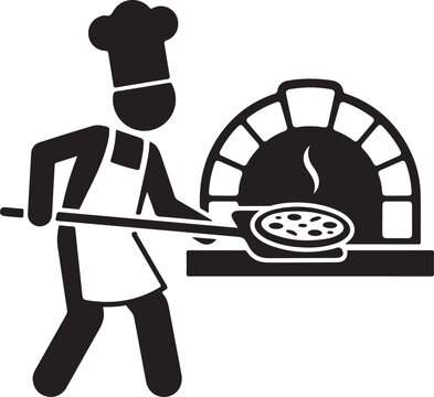 Chef baking pizza in stone oven pictogram. Pizza maker icon set. Baker with bread peel and traditional oven silhouette. Restaurant kitchen symbol. Wood-fired pizza oven vector illustration. Profession