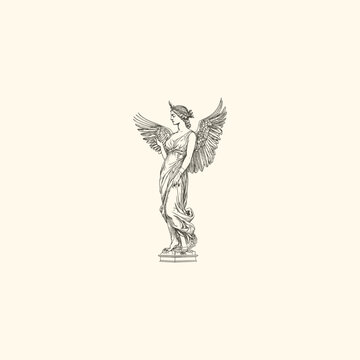Vintage hand drawn engraving illustration of a winged Greek goddess statue standing on a pedestal isolated on light background