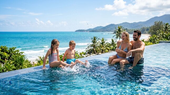 Family enjoying time together in infinity pool overlooking ocean and mountains on sunny day